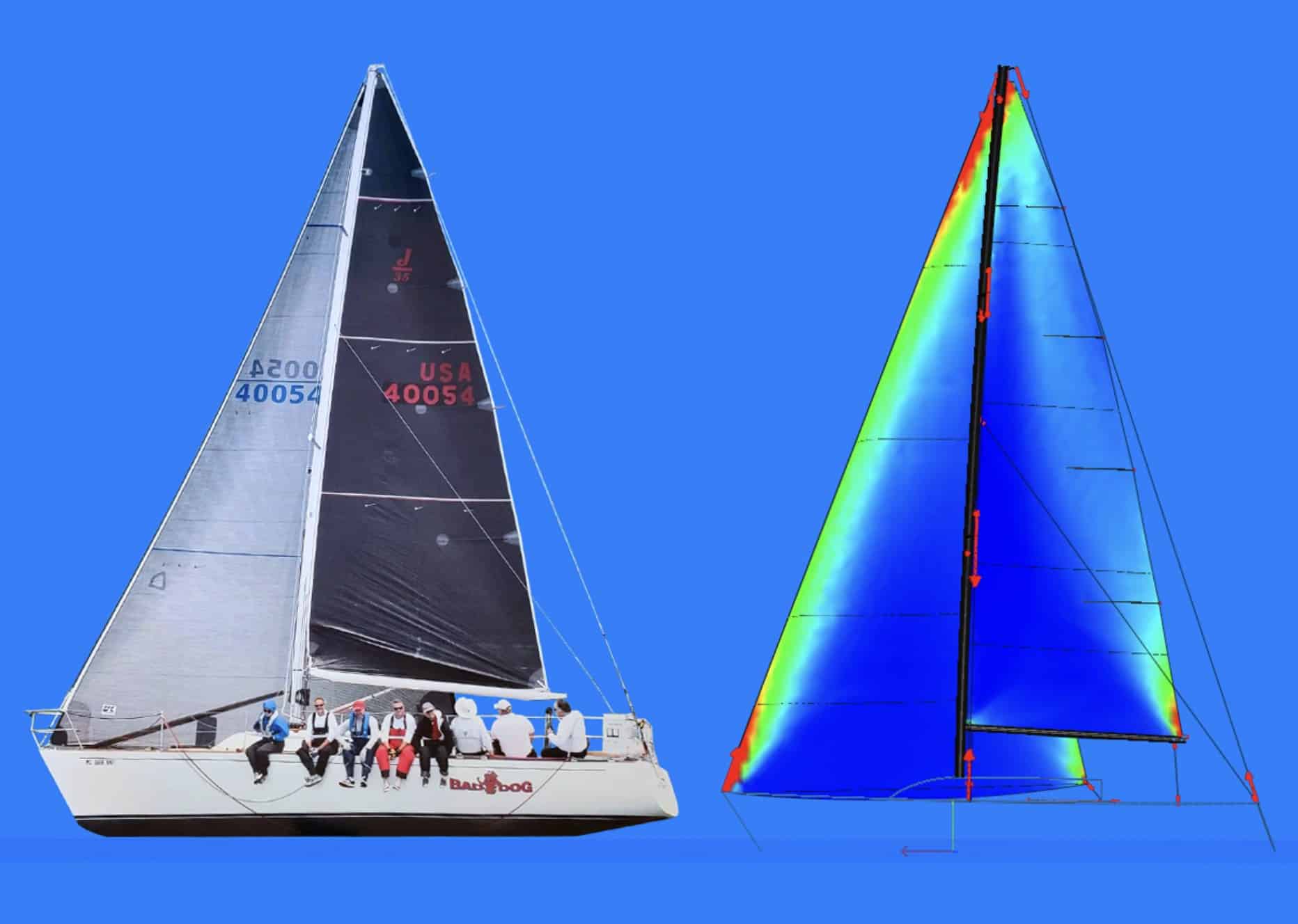 J/35 BAD DOG racing in the 2021 Race to Mackinac, paired with its FSI rig-stress simulation