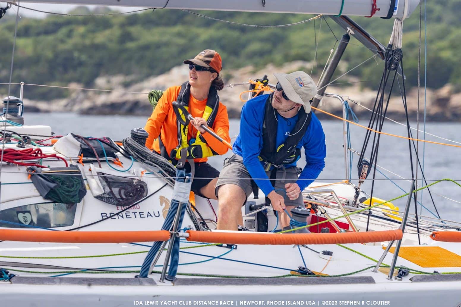 Nathalie Criou and Satchel Douglas trim sails aboard Figaro 2 ENVOLEÉ during the Ida Lewis Distance Race