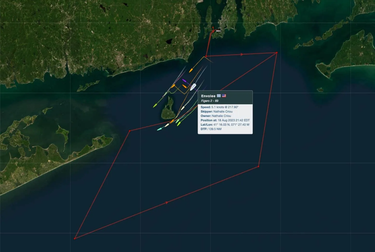 Race tracker map showing ENVOLEÉ's position and speed during the Ida Lewis Distance Race