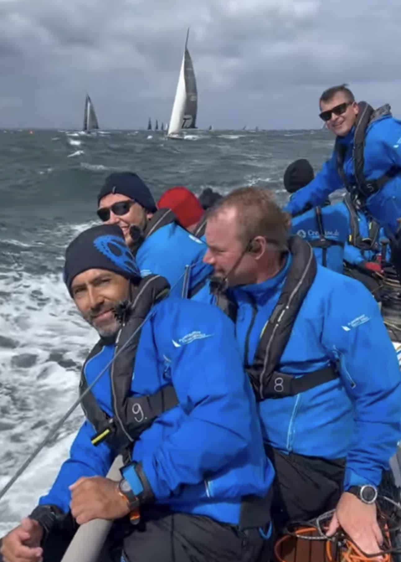 KATIMA crew braces on the rail in choppy seas while racing at ORC Worlds