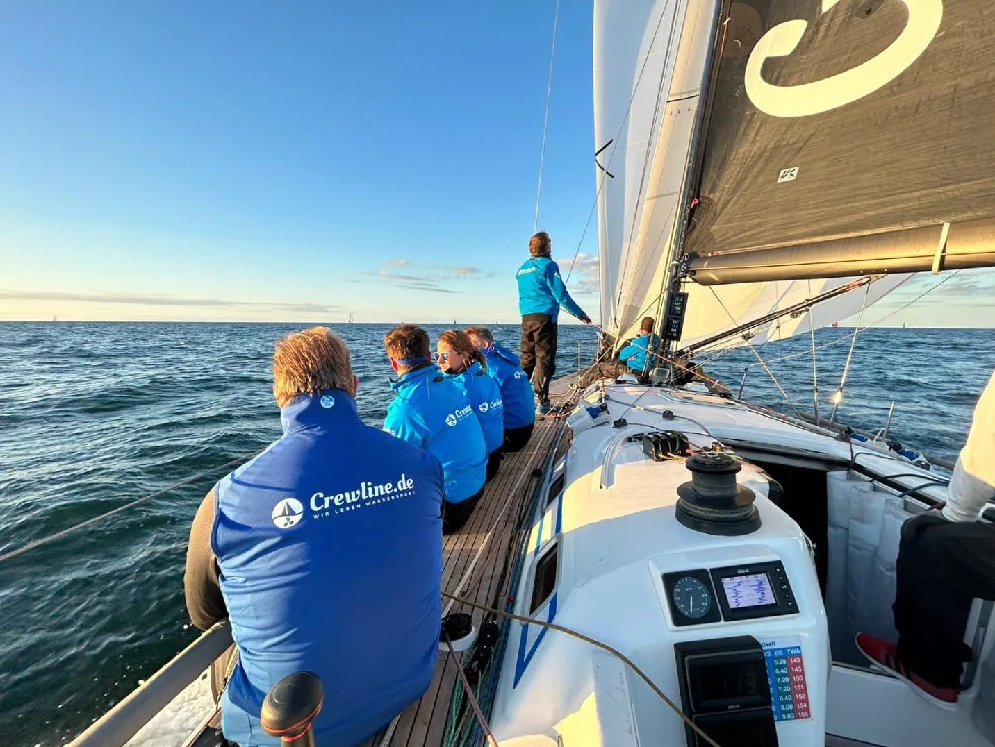 KATIMA crew in Crewline.de gear sails downwind in golden evening light