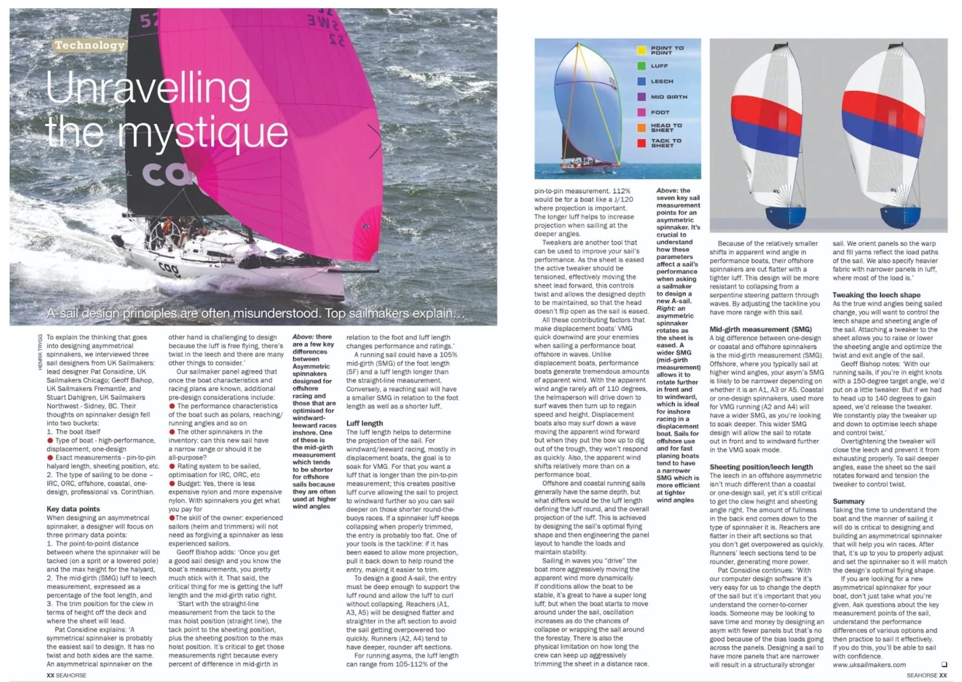Two-page spread of a UK Sailmakers technical article in Seahorse Magazine