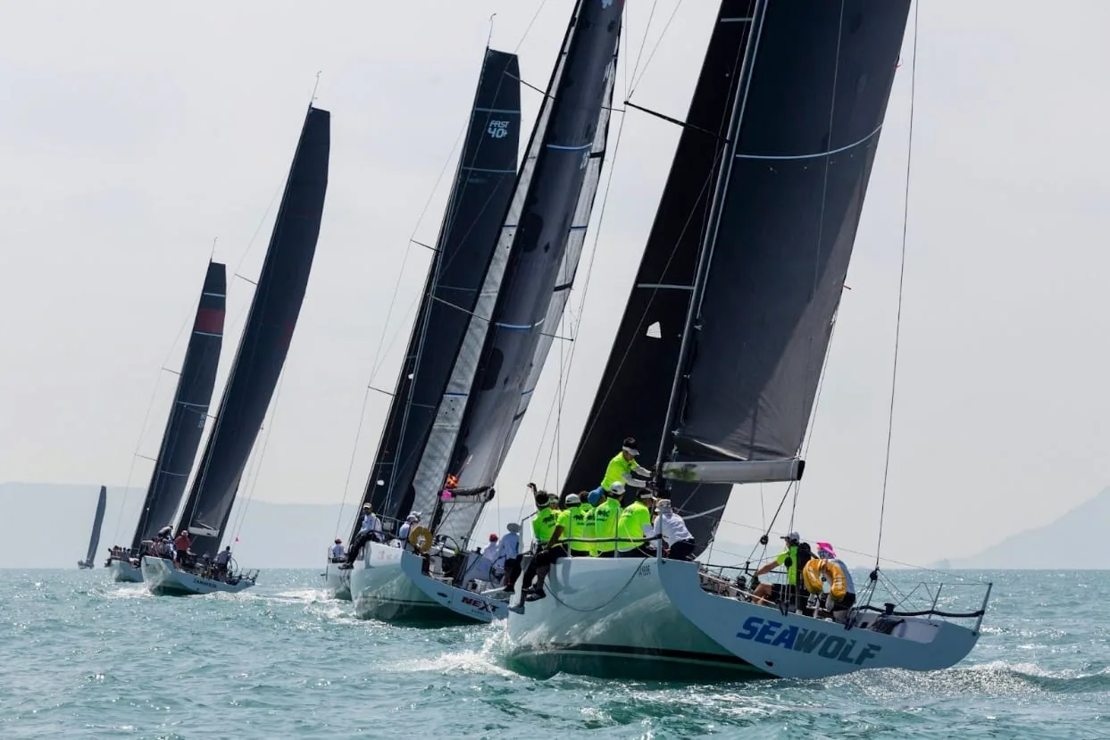 SEAWOLF leads a fleet of black-sailed boats reaching at the Volvo China Coast Regatta