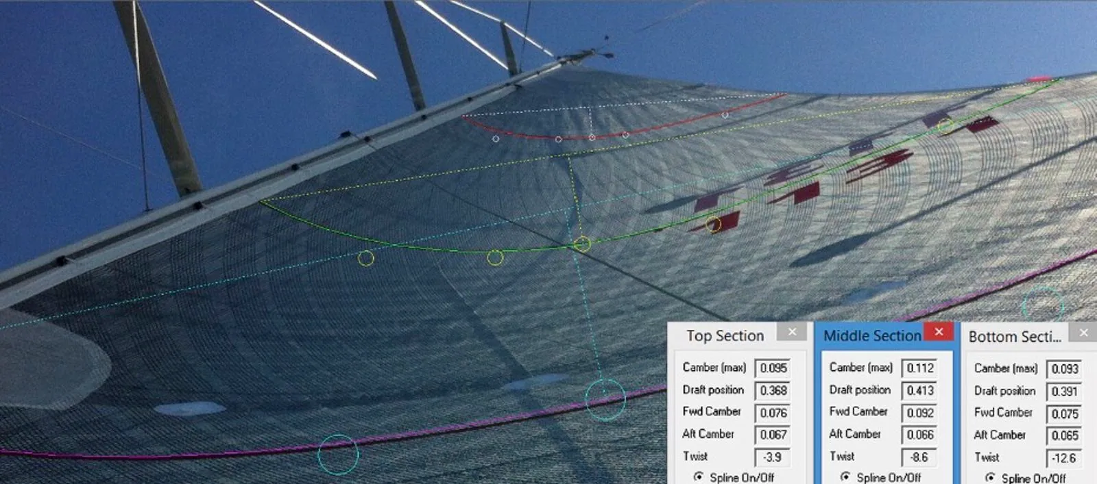 Sail-shape analysis software overlaying camber and draft data on a mainsail photo