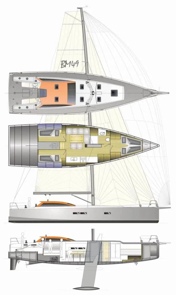 Berckemeyer BM49 pilot house yacht: deck plan, interior layout and profile diagram