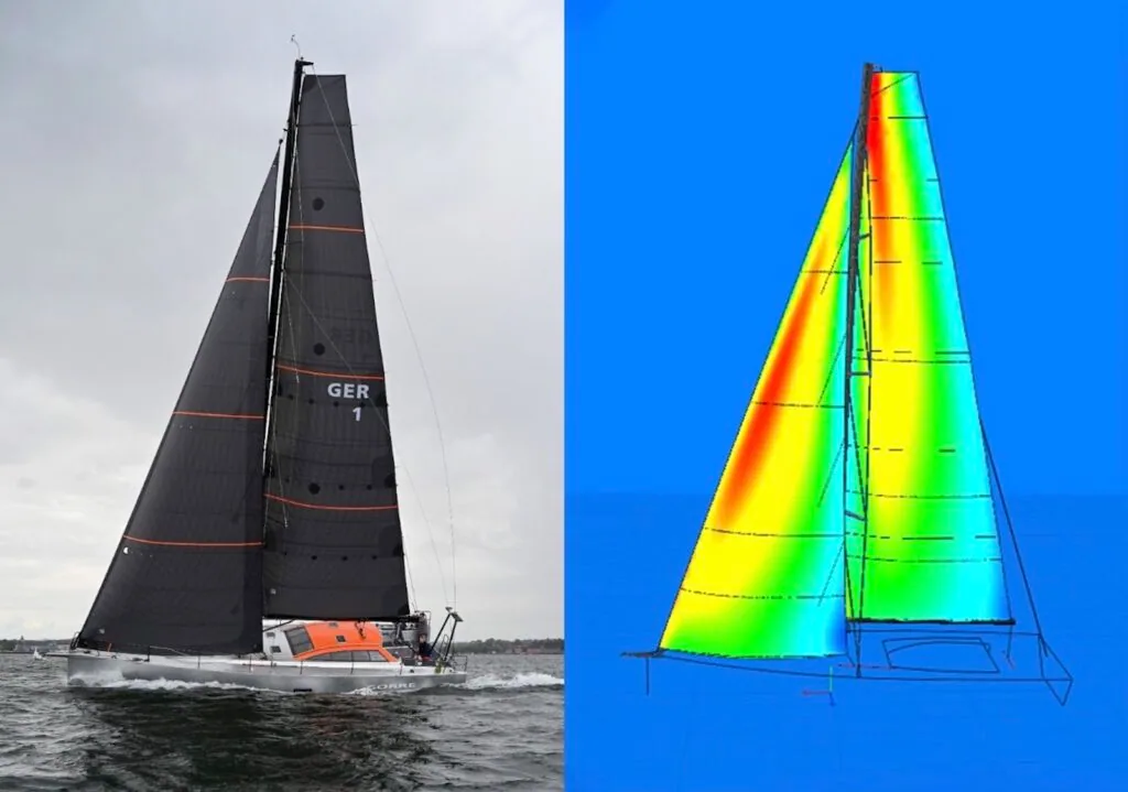 Berckemeyer BM49 (Photo credit: Irk Boockhoff) side-by-side with a Fluid–Structure Interaction (FSI) pressure-map of the designed X-Drive Carbon sails sailing in upwind in 12kts true wind speed.