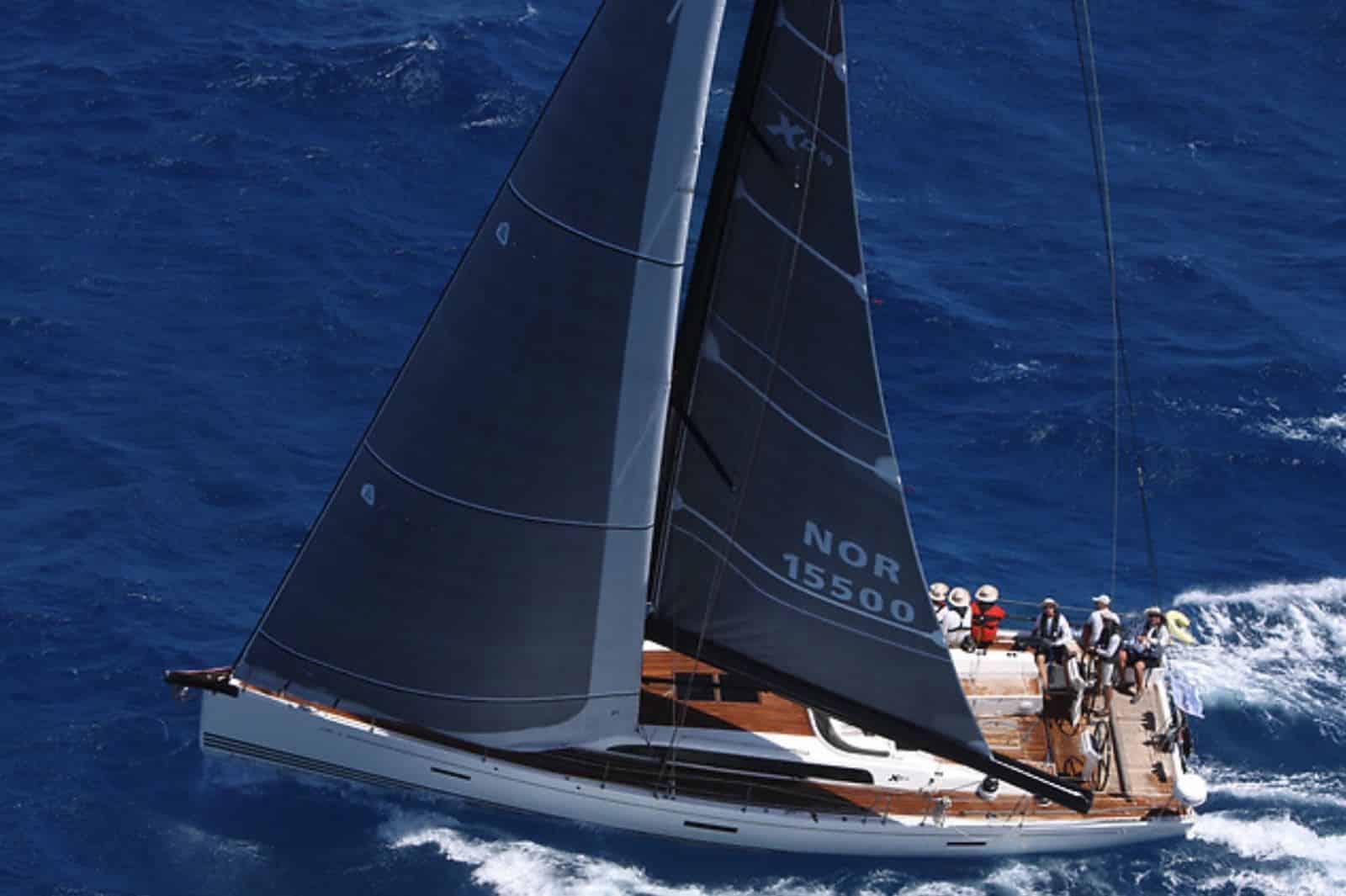 Dark-hulled racing yacht NOR 15500 reaching with grey sails and crew on the rail