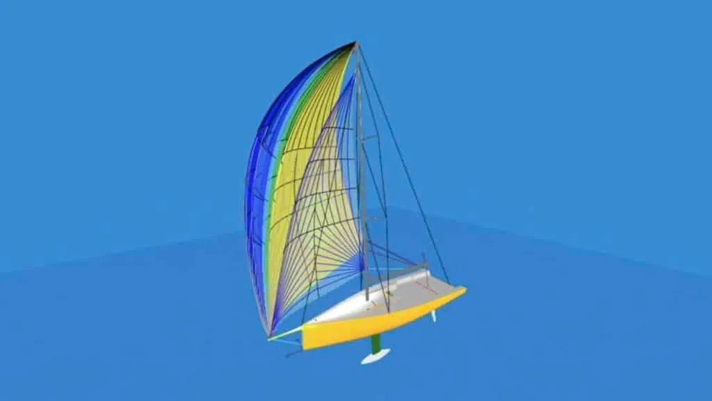 3D rendering of an asymmetric spinnaker's shape on a yacht outline, blue background