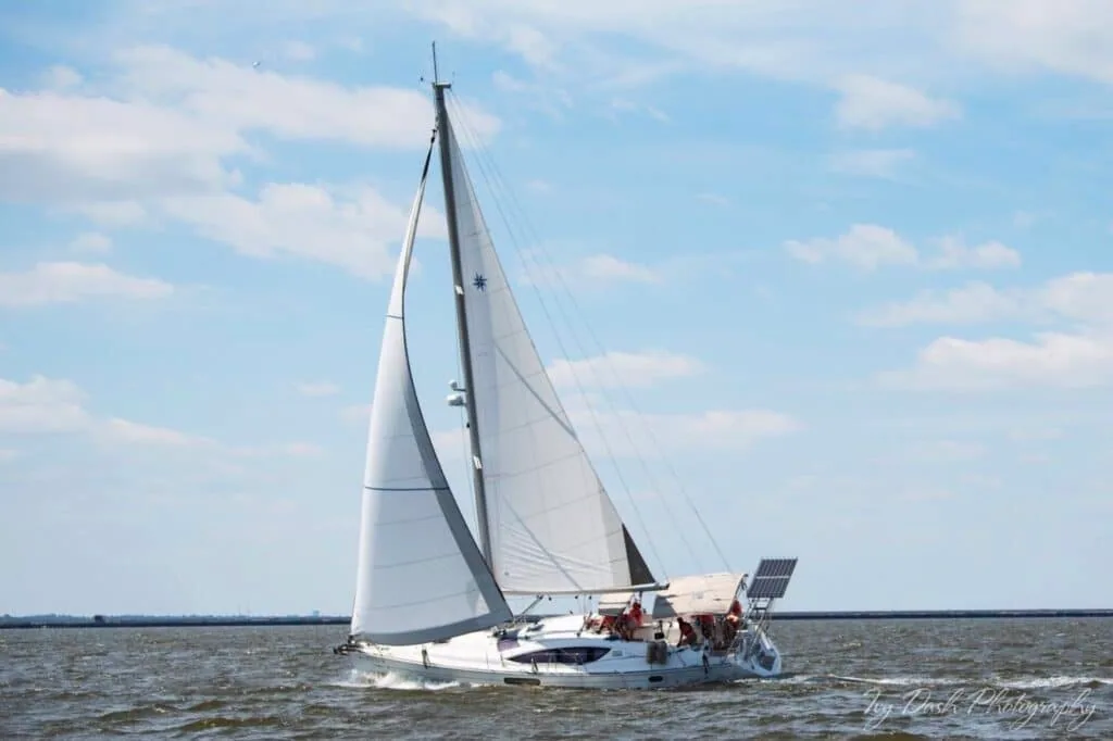 Terry Sculac, 2023 Navigator class champion, racing NAUTI-LASS, a Jenneau 45 at the Keyworth Yacht Club. Photographer Credit: Ivy Dash Photography.