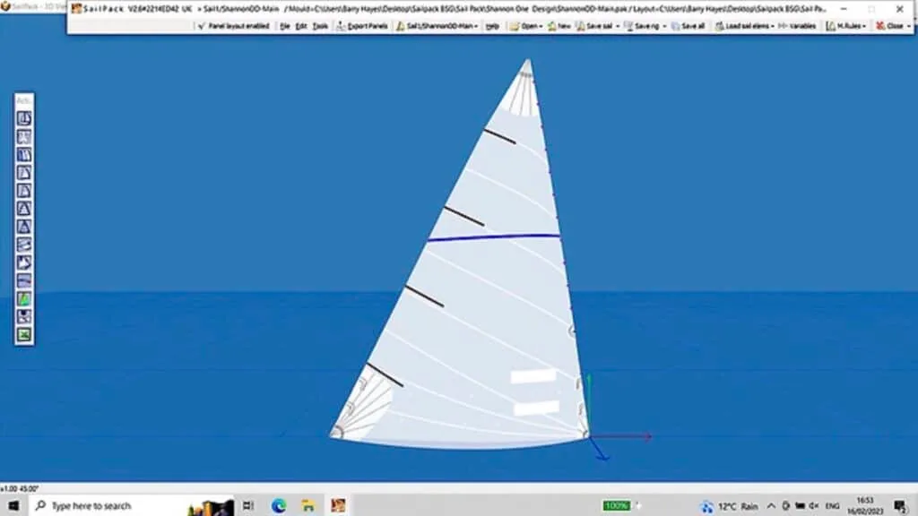 Sail-design software screenshot showing a new sail plan on screen