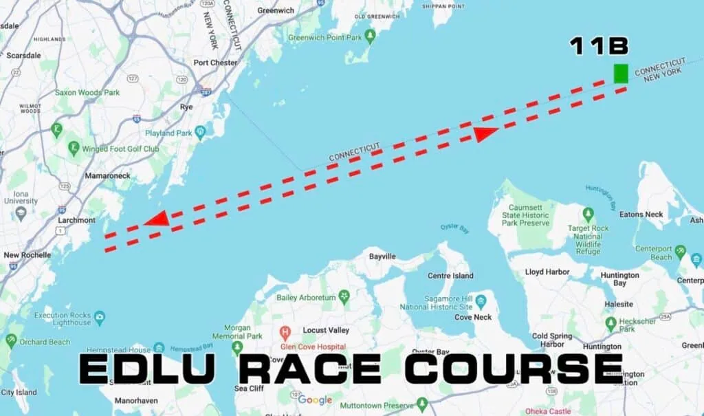 Map of the EDLU Race course across Long Island Sound with the route marked in red