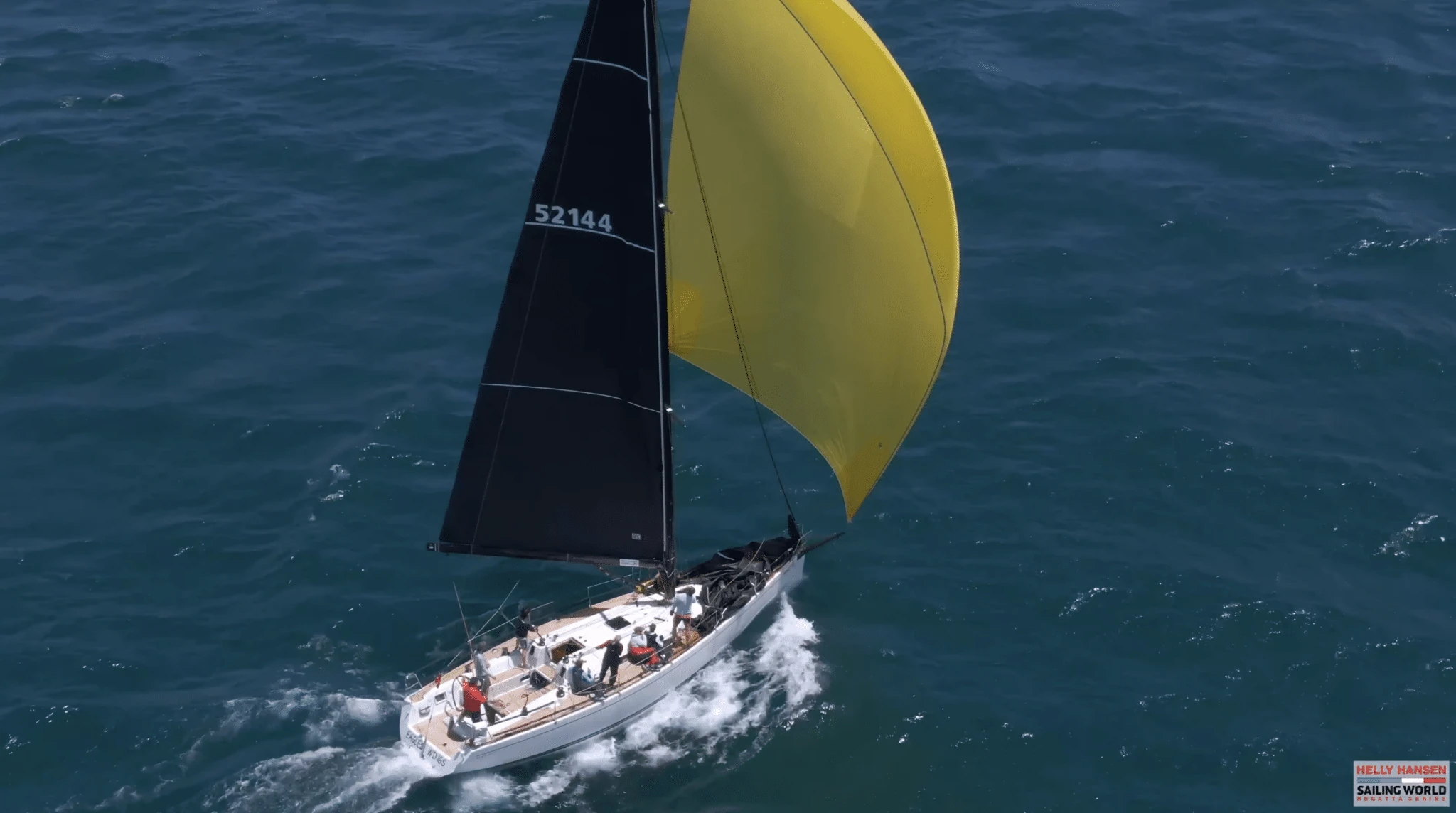 GS 44 EAGLE'S WINGS reaching under a black mainsail and yellow spinnaker