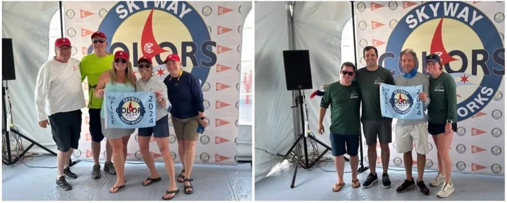 THE FLYING PIG crew (left) and the NYCTOSAUR crew (right) at the 2024 Columbia Yacht Club COLORS Regatta awards ceremony. Photo by J/105 Fleet 5 Chicago.