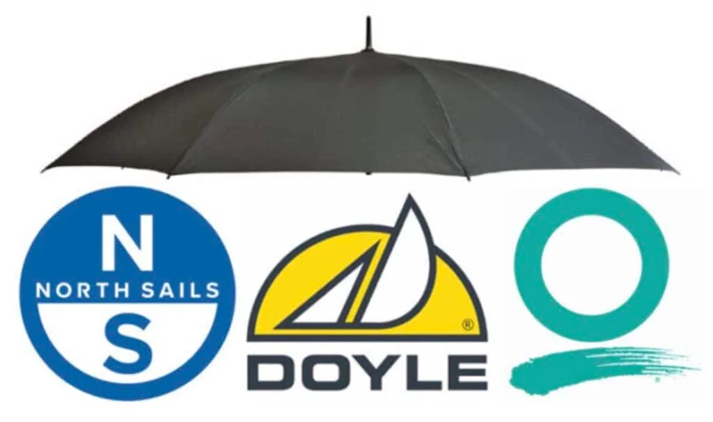 Umbrella graphic over the North Sails, Doyle, and Quantum logos
