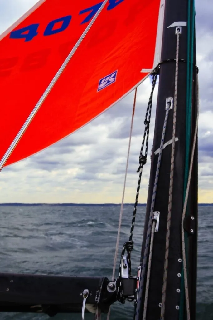 A marked tack pennant on a storm trysail