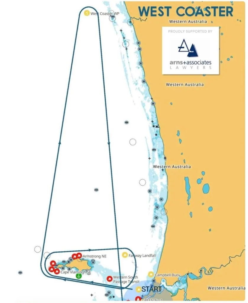 West Coaster race course map along the Western Australia coast, sponsored by Arns + Associates.