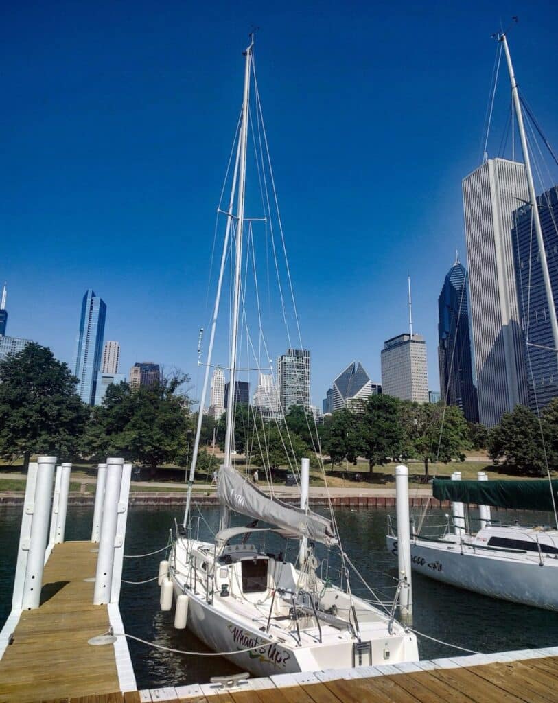 J/100 WHAAT'S UP docked at its slip with the Chicago skyline behind