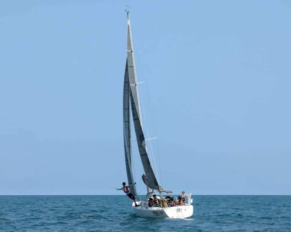 Young sailors heeled over aboard the J/100 WHAAT'S UP during a lesson