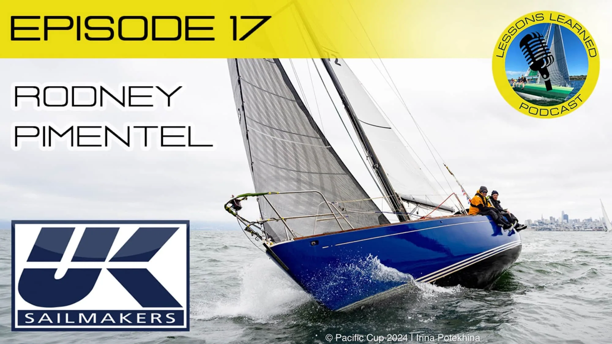 Lessons Learned podcast Episode 17 cover art with Rodney Pimentel's blue yacht
