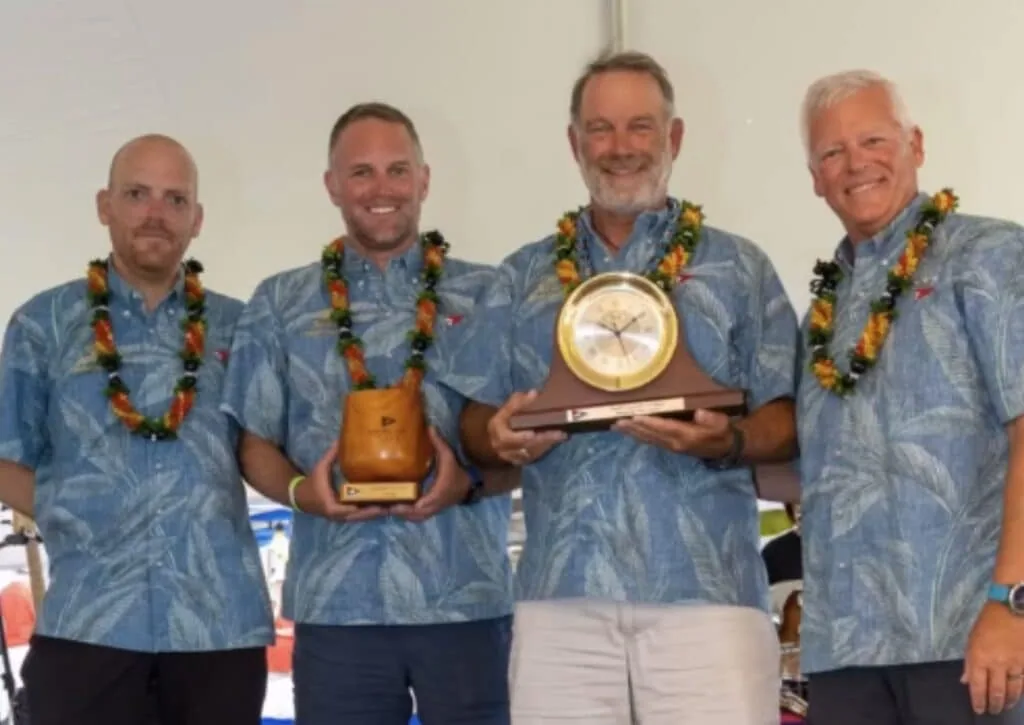 AZURE crew posing with Pacific Cup trophies in matching Hawaiian shirts