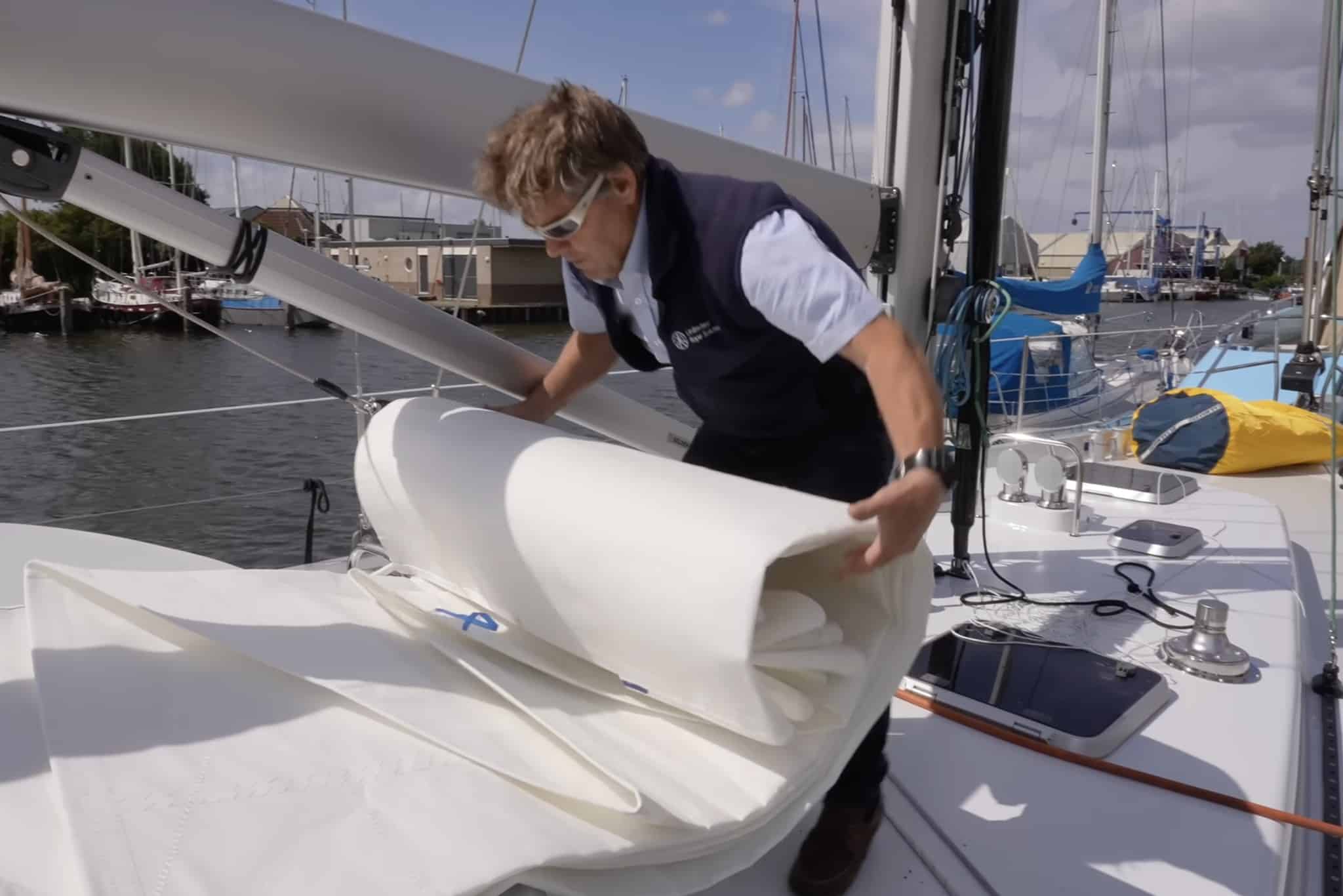 Marcel de Jong from UK Sailmakers Netherlands installing new sails onboard the Orion 49, DISTANT SHORES IV.