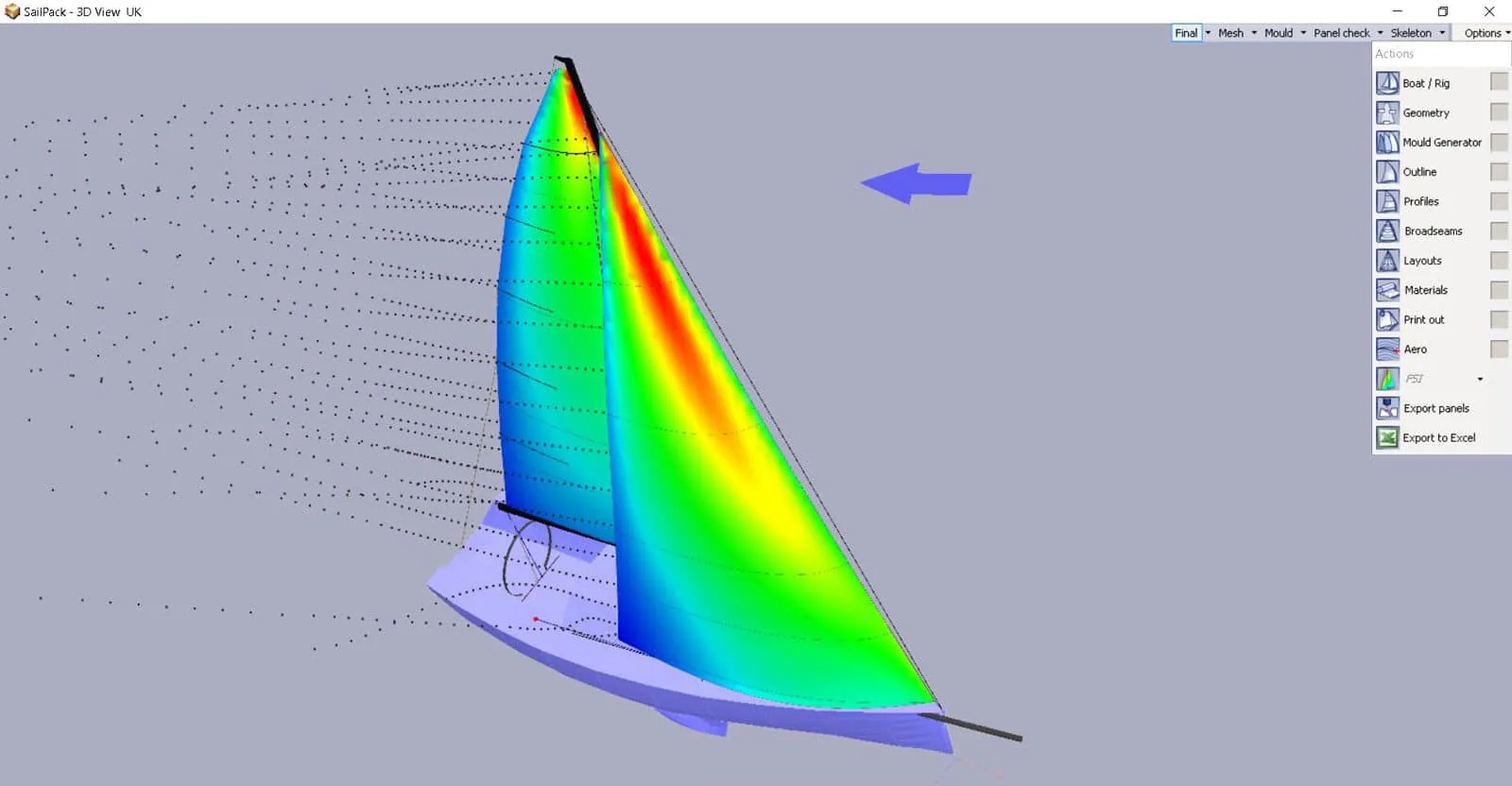 FSI sail-design software showing load and shape analysis of a J/109 sail plan