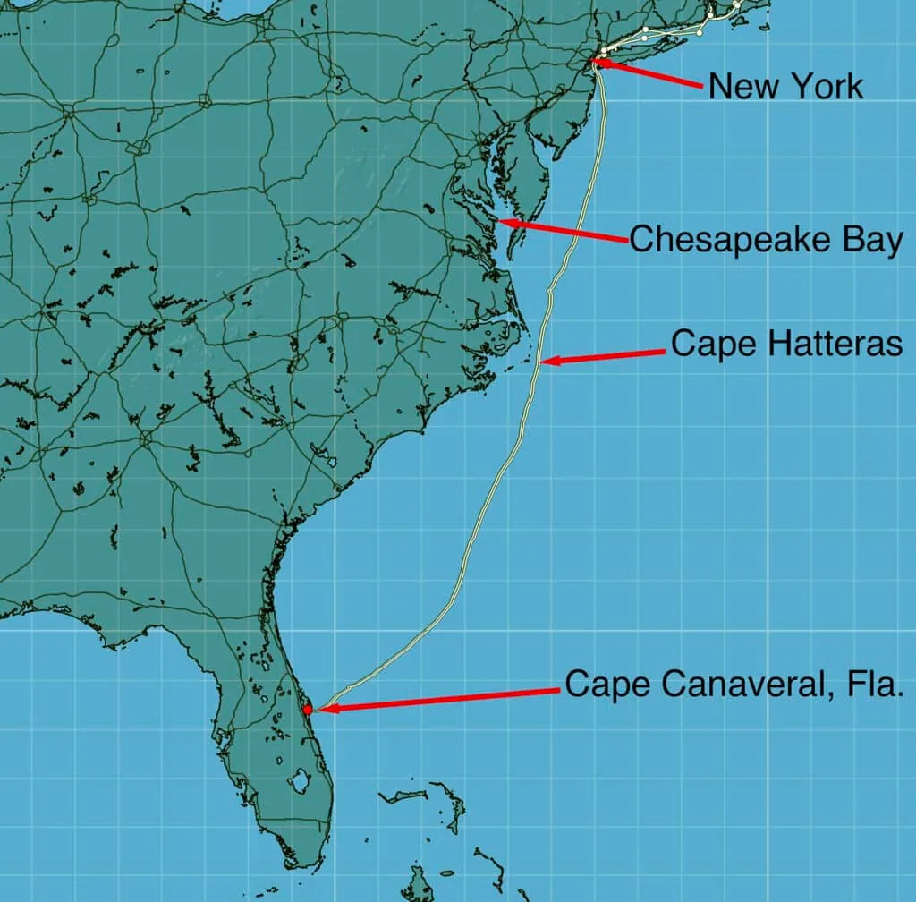 Route map from New York to Cape Canaveral, marking Chesapeake Bay and Cape Hatteras