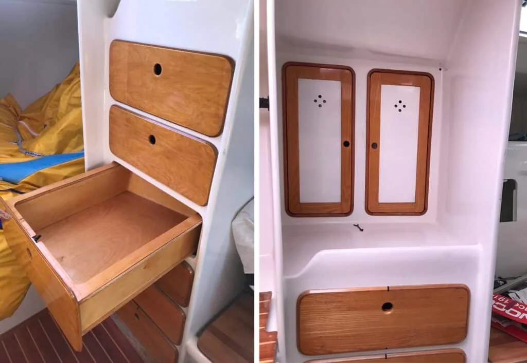 Before-and-after photos of a cabin locker interior refinished with new liner