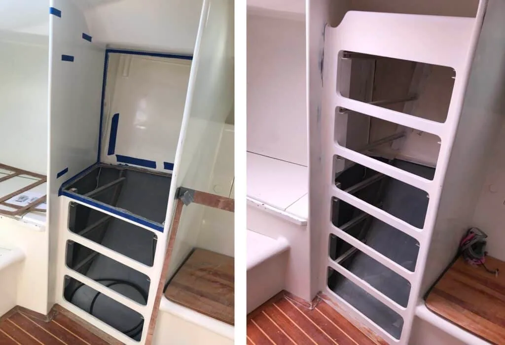 Side-by-side photos comparing the old and new fiberglass storage frame built into the interior