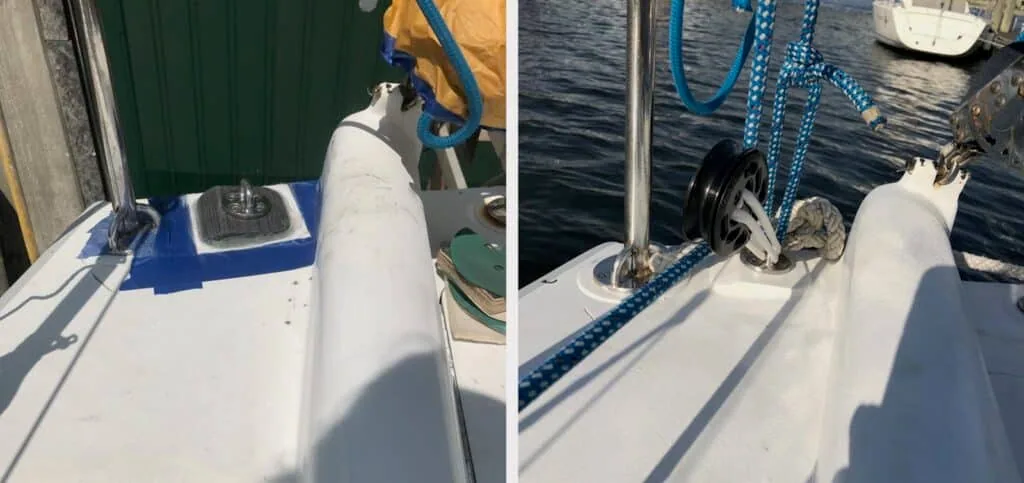 Two photos of a runner padeye deck fitting before and after installation