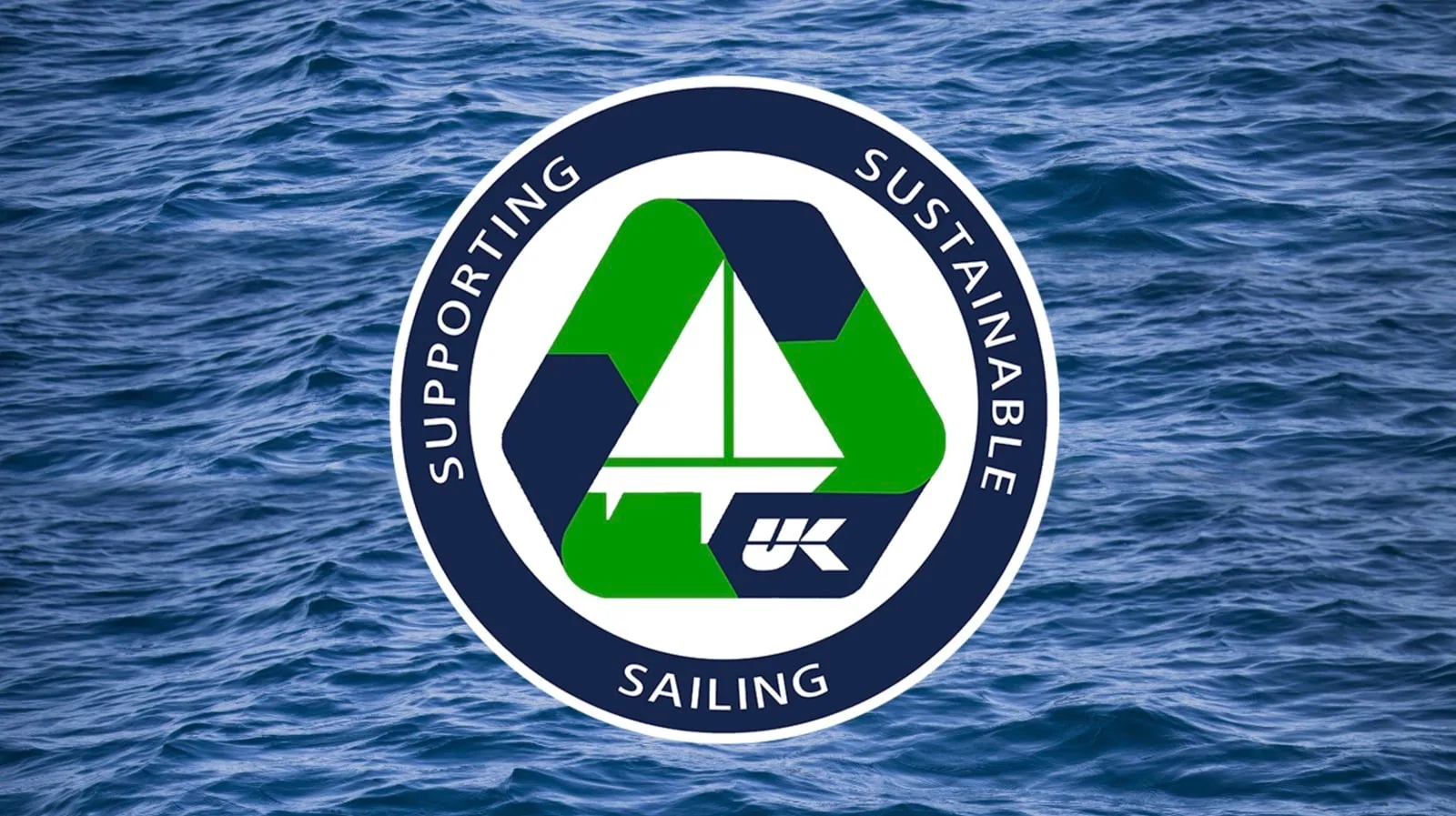 UK Sailmakers "Supporting Sustainable Sailing" badge over an ocean background