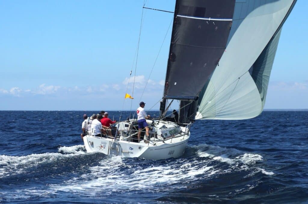 Farr 395 GIDDY UP powering through waves at the 2025 Geographe Bay Race Week