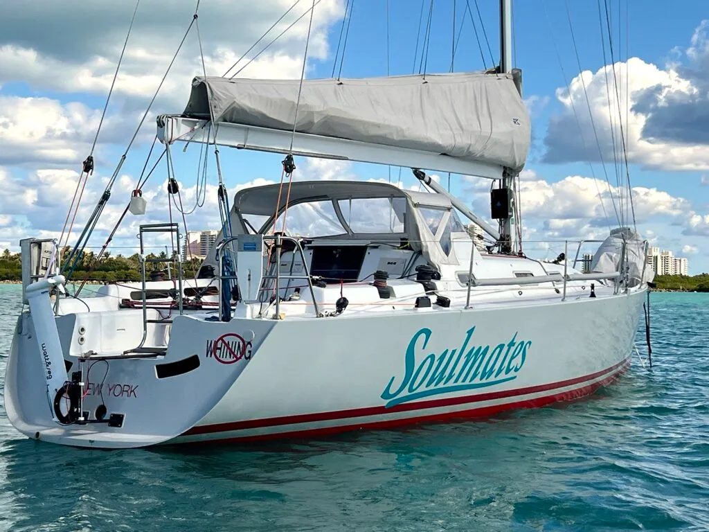 SOULMATES moored off Key Biscayne with the city skyline in the background