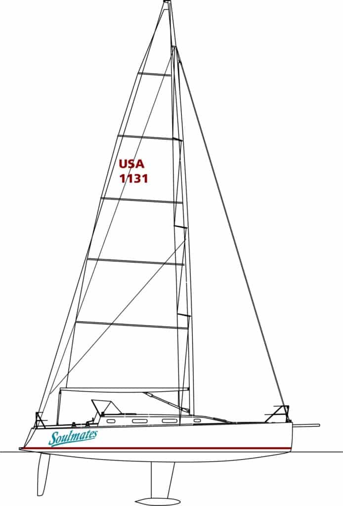 Sail plan diagram of SOULMATES showing mainsail with sail number USA 1131 and hull profile