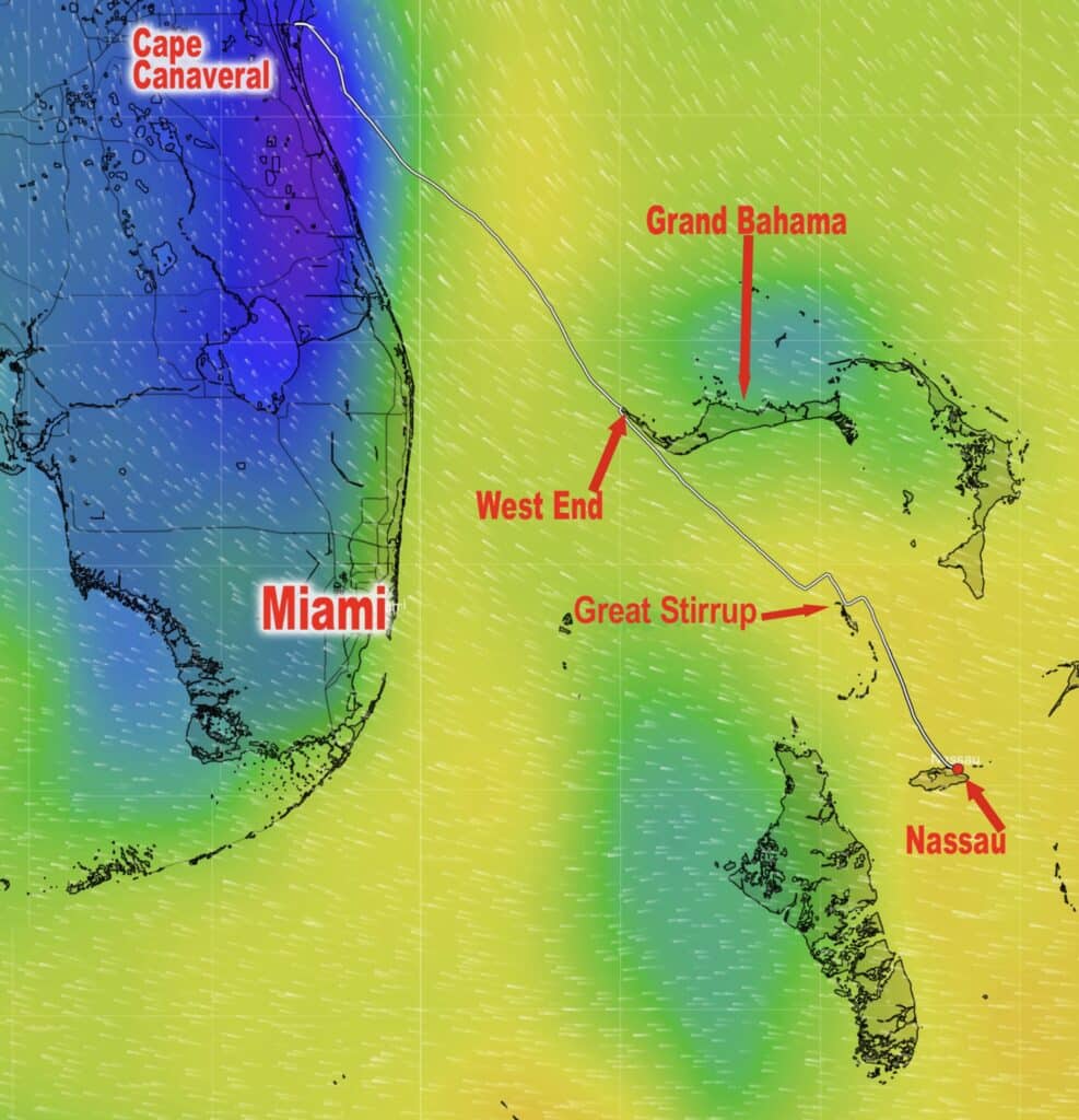Weather-routing map showing a course from Cape Canaveral through the Bahamas to Nassau