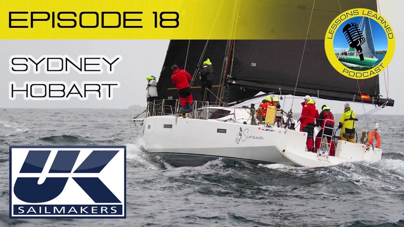 Lessons Learned podcast Episode 18 cover: Sydney Hobart, with a crew in red foul-weather gear