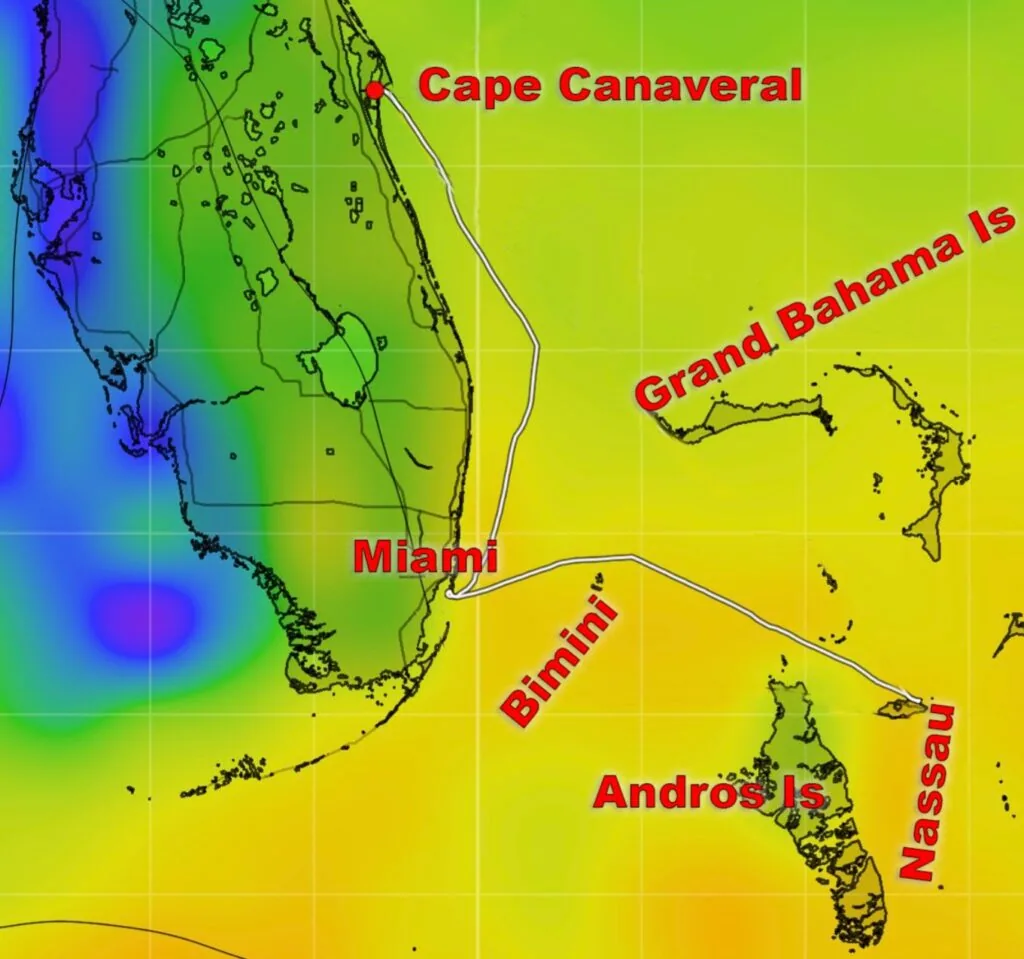 Weather routing chart plotting a course from Cape Canaveral to Nassau via Bimini