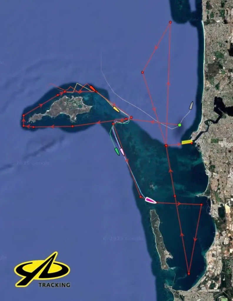 YB Tracking satellite map showing a race course laid out off a coastal bay