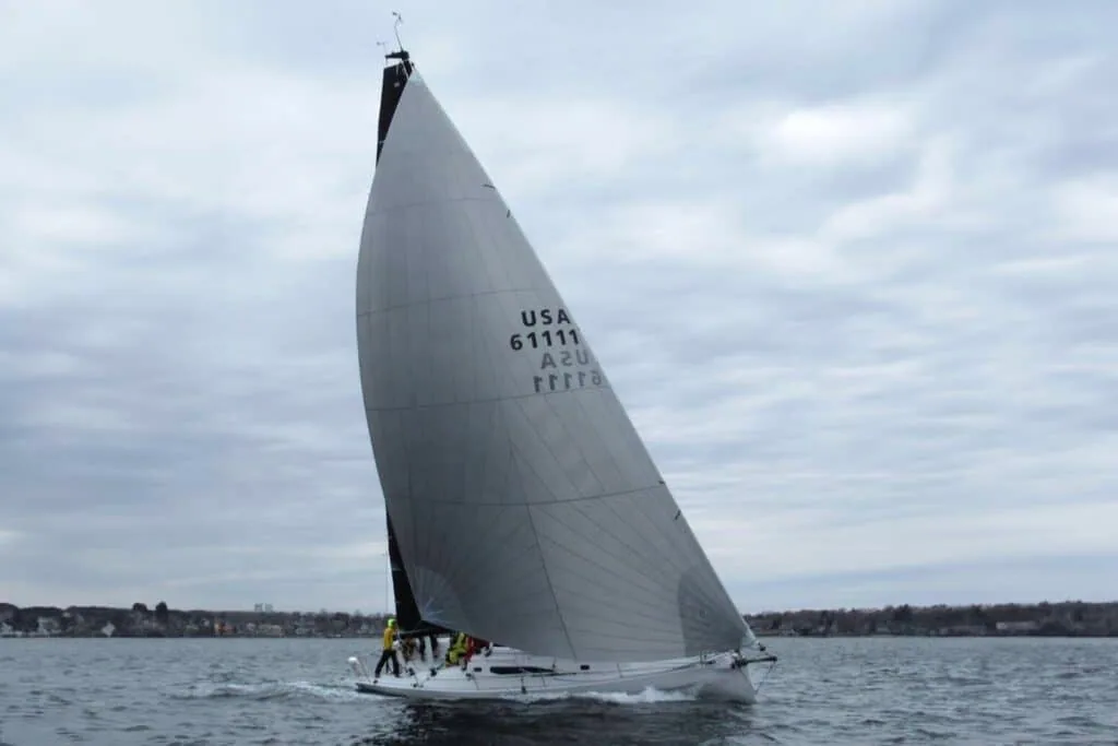 Grey code zero furling sail set on USA 61111 in flat water