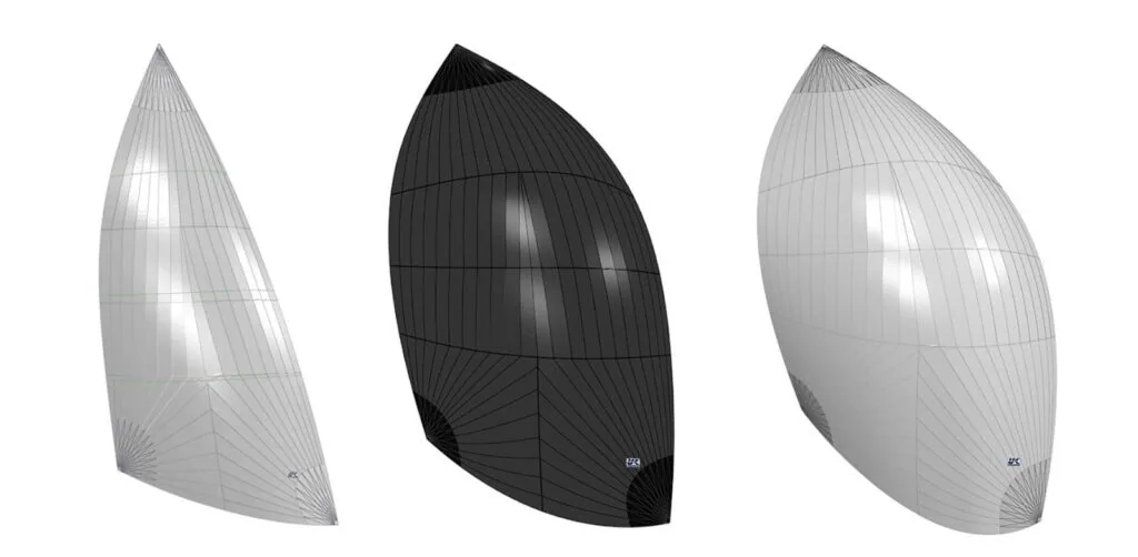 Three 3D renderings comparing code zero and reaching spinnaker shapes