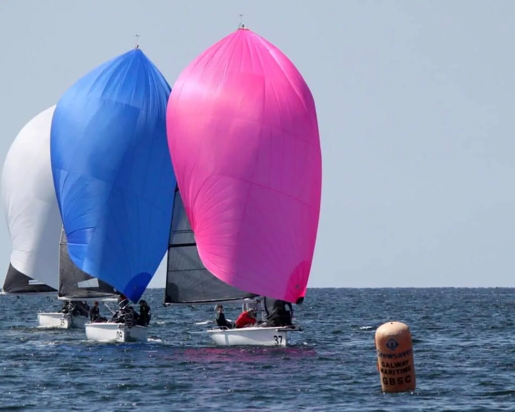Variable conditions were a challenge at the 2025 1720 Sportsboat European Championships. SPICED BEEF in light air (right). Photos © Galway Bay Sailing Club.
