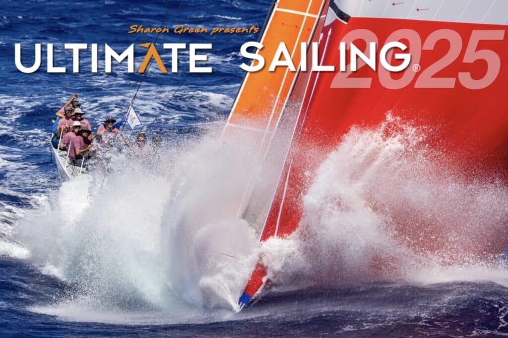 Sharon Green's Ultimate Sailing 2025 cover, a boat burying its bow in surf