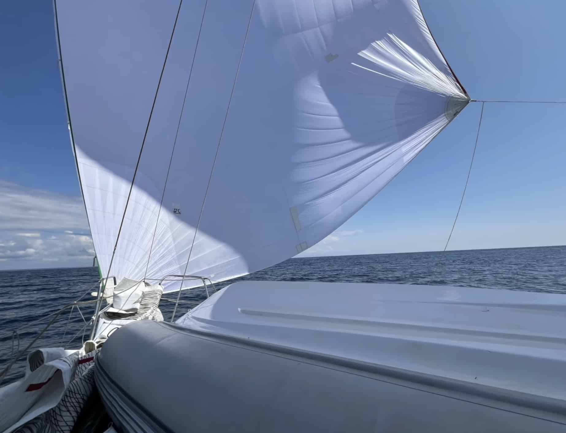 Cruising genoa filled with light air, seen from the cockpit alongside the dodger