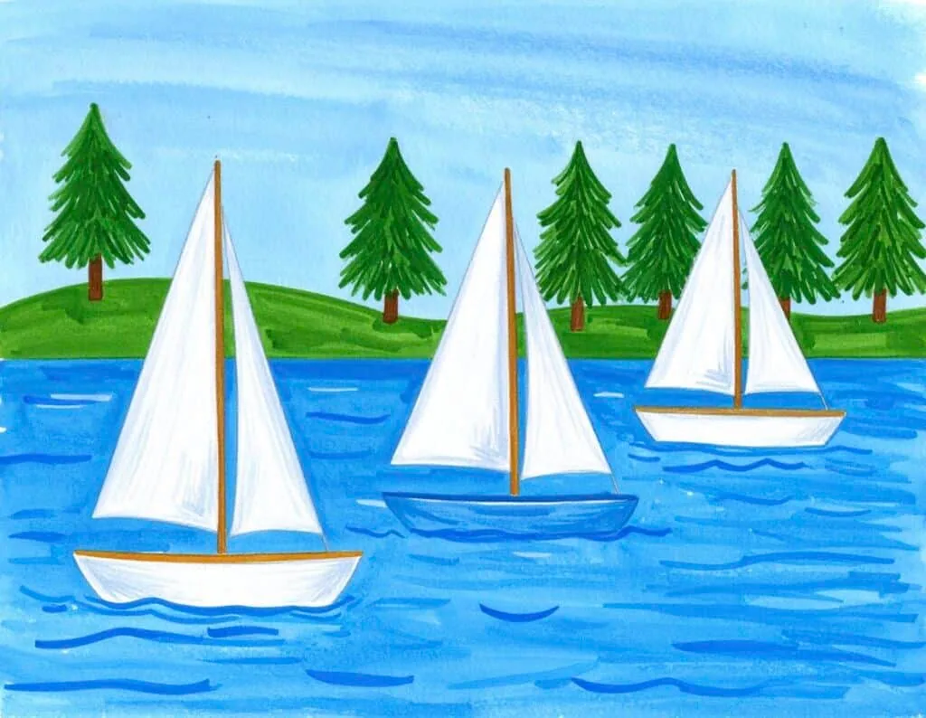Child's marker drawing of three sailboats on a lake framed by pine trees