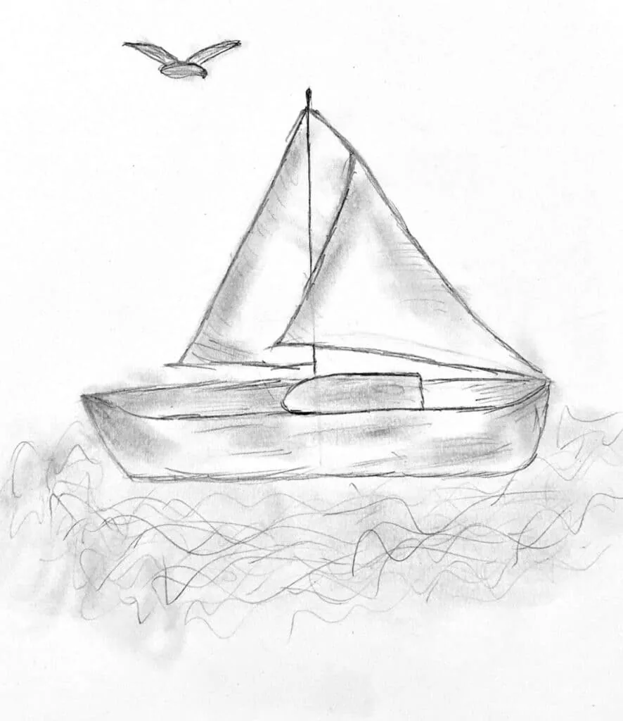 Pencil sketch of a small sailboat with a seagull flying overhead