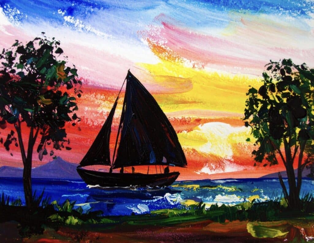 Painting of a black-sailed boat silhouetted against a colorful sunset between two trees