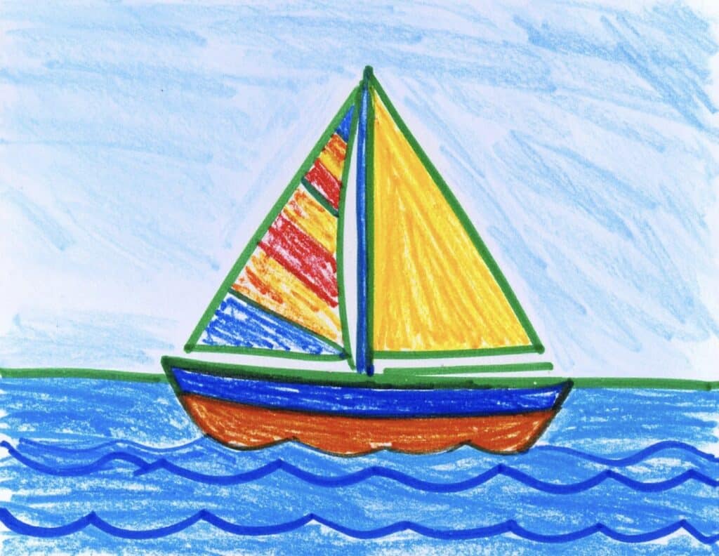 Child's crayon drawing of a sailboat with rainbow-striped sails on blue water