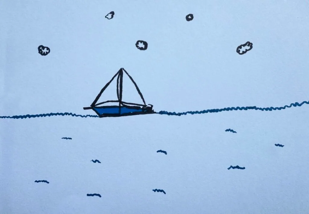Child's marker drawing of a simple sailboat under clouds and birds