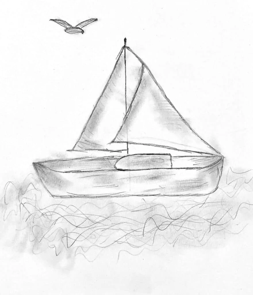 Pencil sketch of a small sailboat with a seagull flying overhead