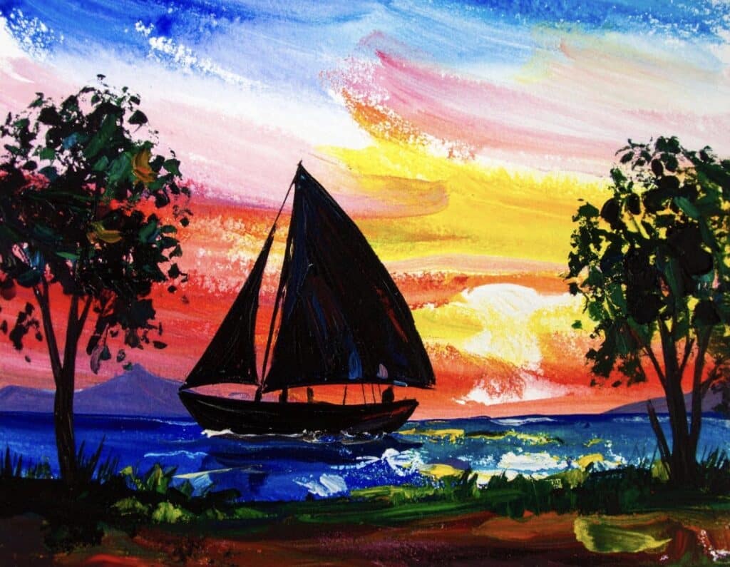 Painting of a black-sailed boat silhouetted against a colorful sunset between two trees
